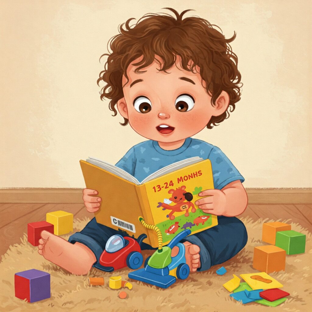 13–24 aylık bir çocuk kitap okurken ve oyuncak süpürgeyle oynarken çizim