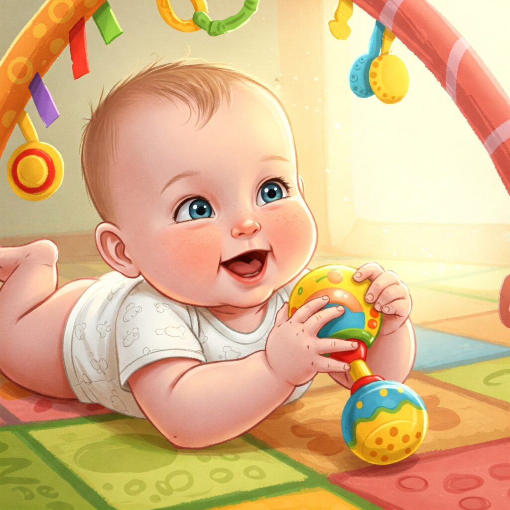4-6 aylık bir bebeğin oyun halısında çıngırakla oynarken çizimi