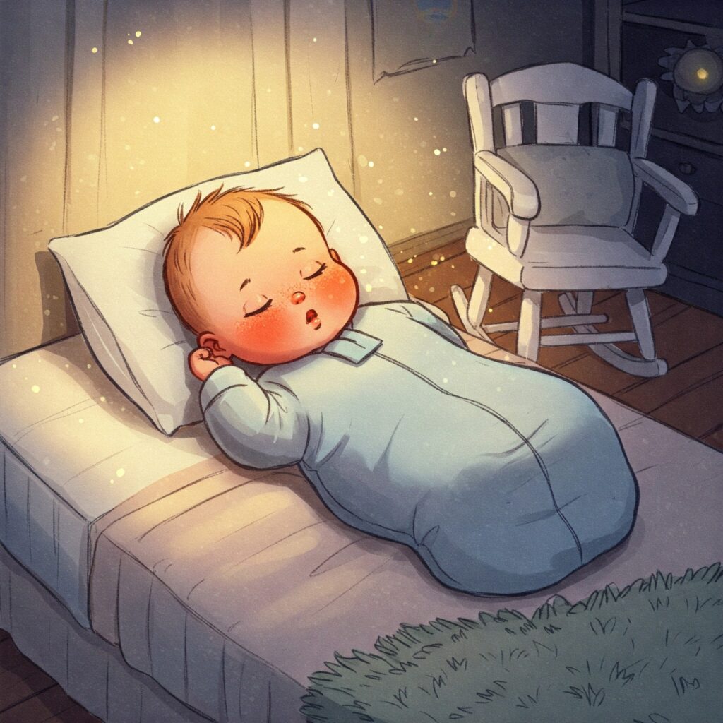 Mama tulumu giymiş bir bebek yatağında loş ışıkta uyurken çizimi