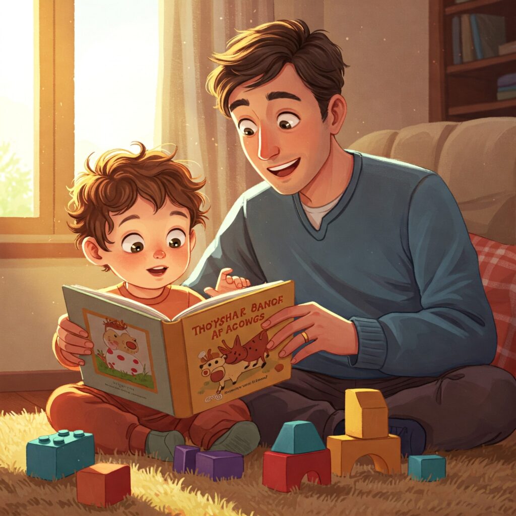 2 yaşında bir çocuk kitap okurken ve oyuncaklarla etkileşim hâlindeyken çizim